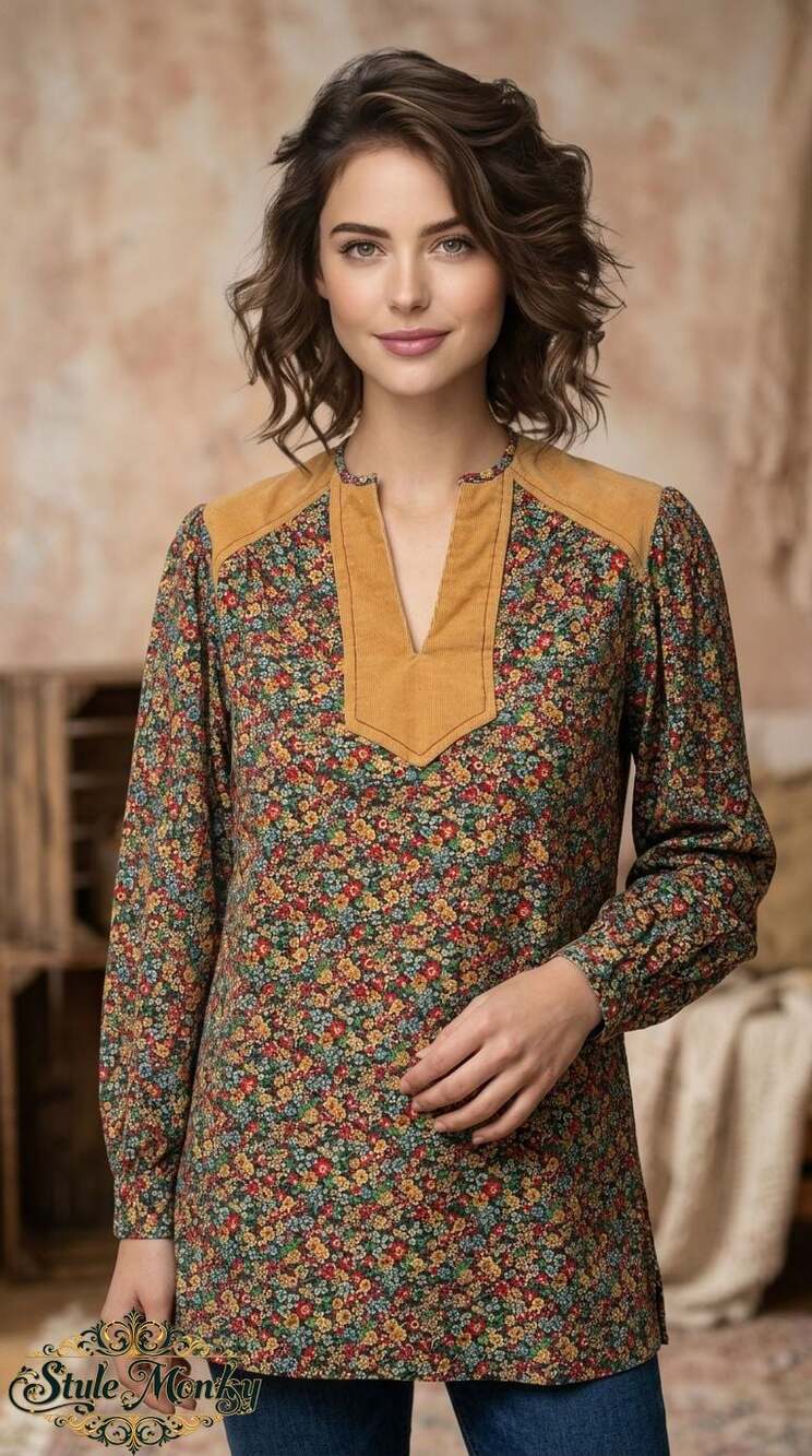 Vintage Floral Print Long Sleeve Tunic Top with Corduroy Yoke and Trim